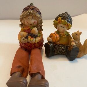 2pc Autumn Harvest Fall Garden Acorn Girls & Squirrel Figurine/Shelf Sitter